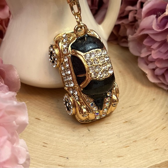 Retro Black and Gold Crystal Coupe Car Keychain Charm - Picture 13 of 16